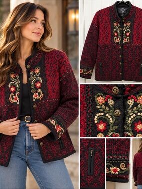 Vintage Icelandic Design 100% Wool Embroidered Jacket XL 2002 Nordic